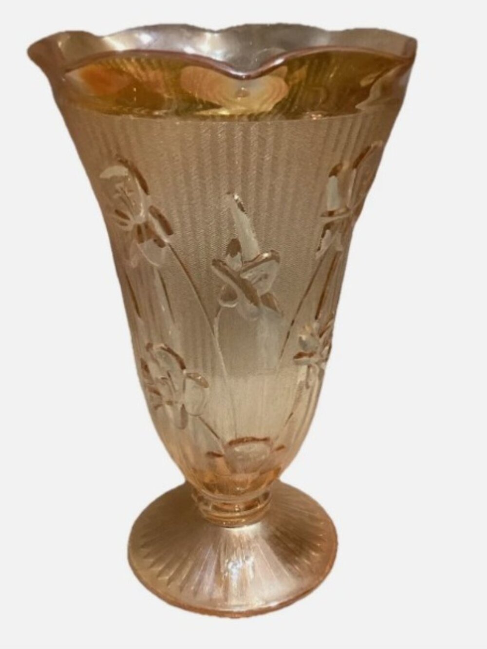 Vintage Carnival Glass Footed Vase JEANETTE 9" IRIS Vase Marigold